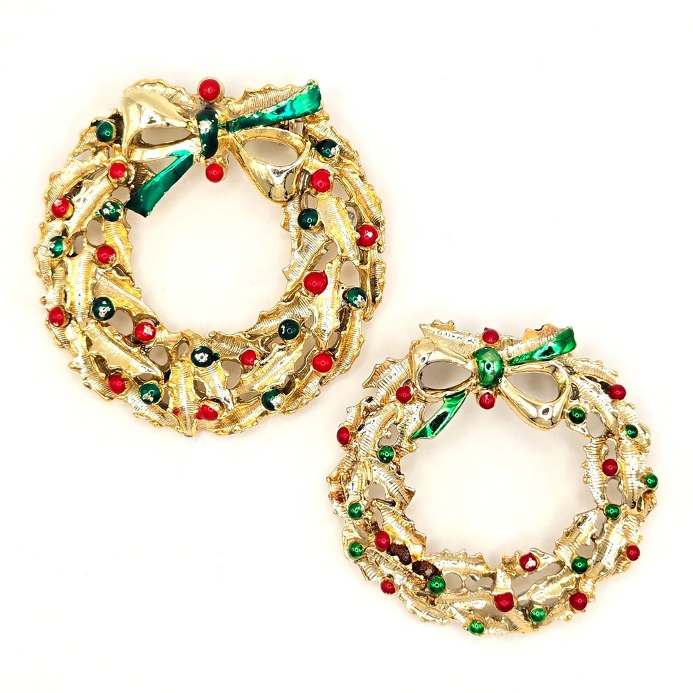 Vintage Christmas Wreath Brooch Set Gold‎ Tone Red Green Enamel Holly Pins 2pc